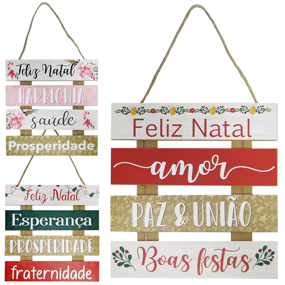 ENFEITE PLACA DE MADEIRA MDF FELIZ NATAL FRASES PARA PENDURAR 22X20CM