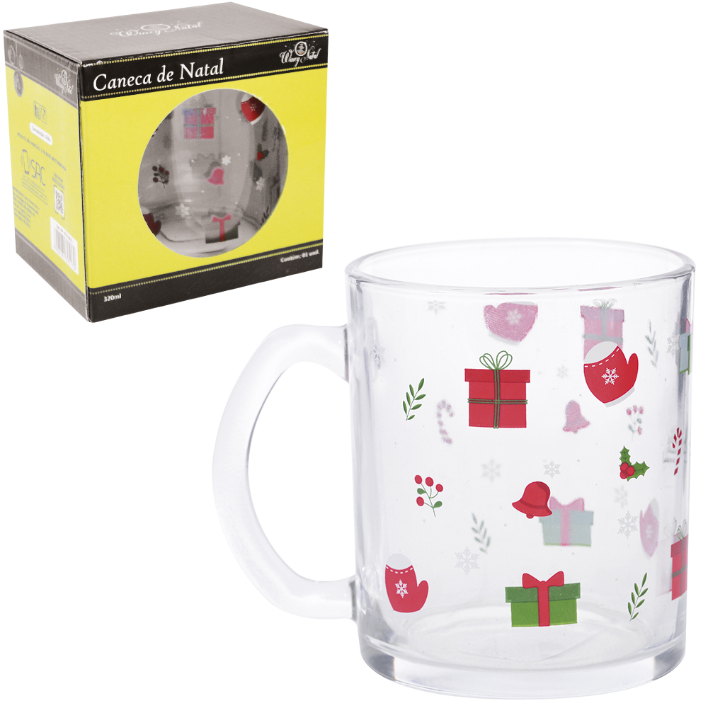 CANECA XICARA DE NATAL DE VIDRO 320ML