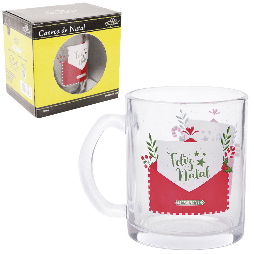 CANECA XICARA DE NATAL DE VIDRO 320ML