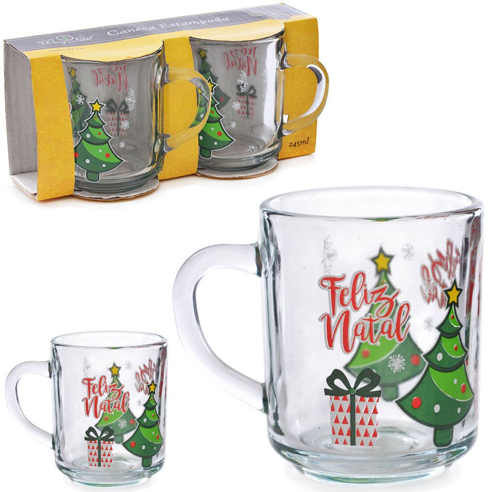 CANECA XICARA DE NATAL DE VIDRO COM 2 PECAS 245ML