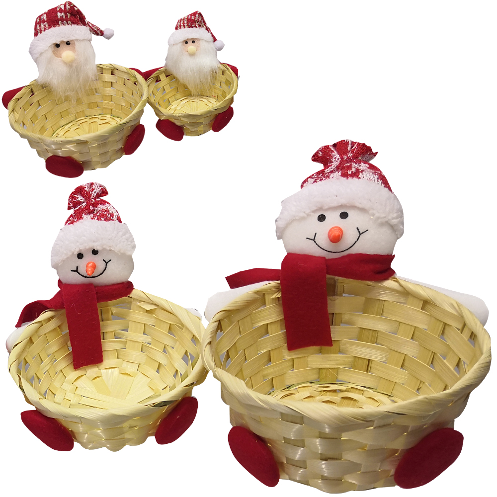 CESTA DE PALHA COM PAPAI NOEL / BONECO DE NEVE COM 2 PECAS