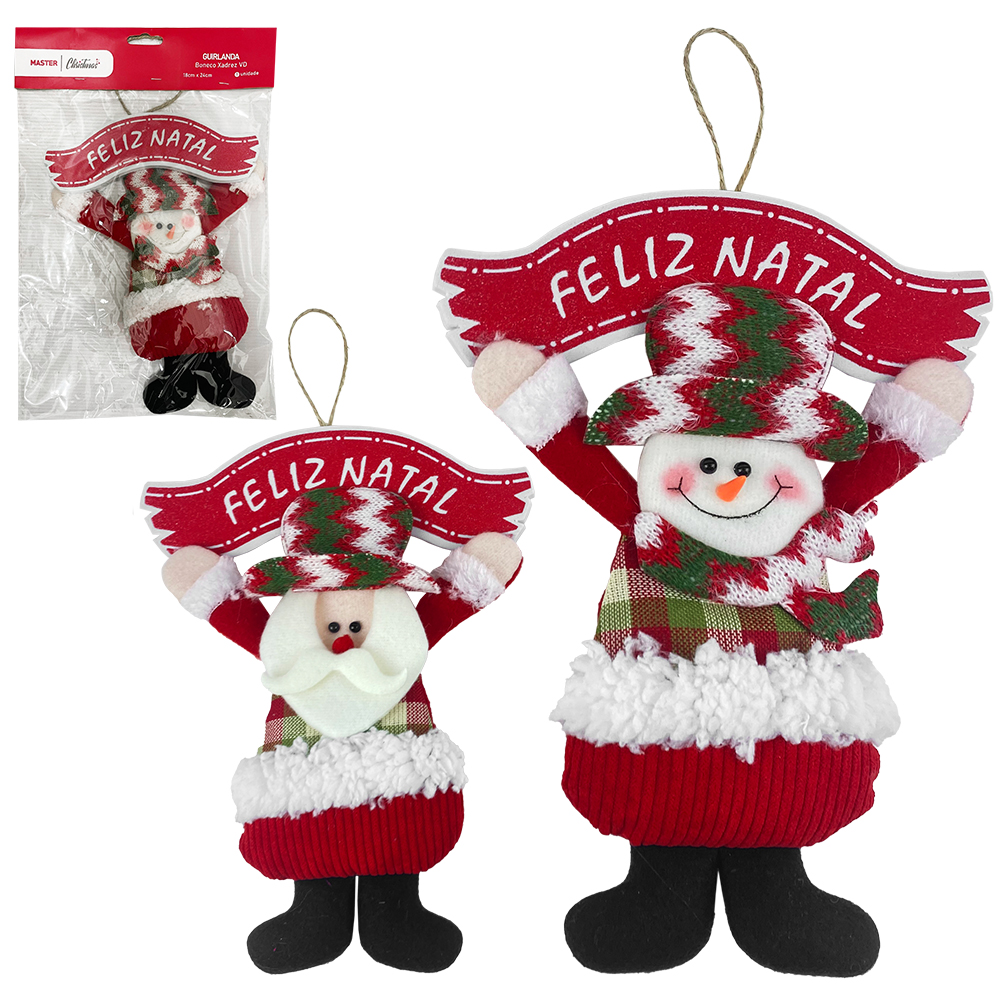 GUIRLANDA PAPAI NOEL / BONECO DE NEVE XADREZ VD COM PLACA FELIZ NATAL 24X18CM