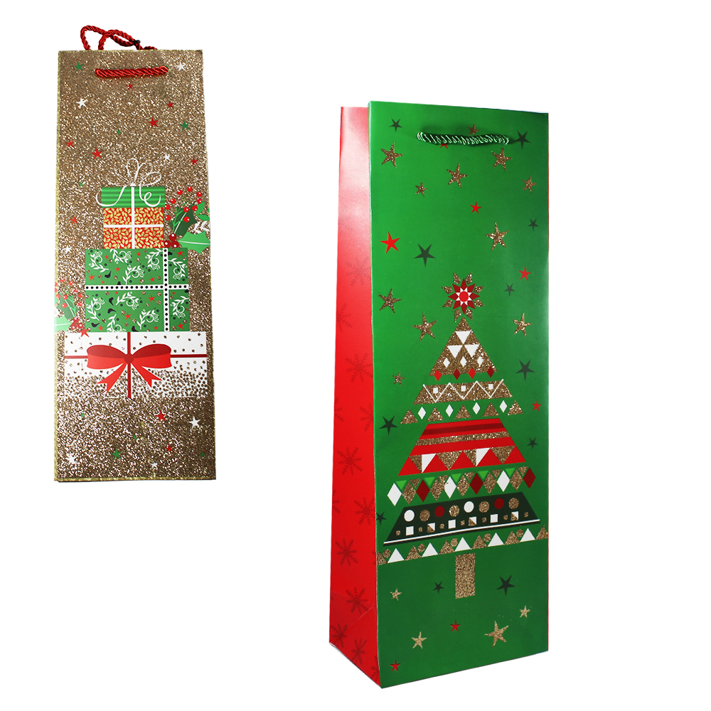 SACOLA DE PAPEL PARA GARRAFA DE VINHO FIGURAS NATALINA COM GLITTER 36X12,7X8,3CM
