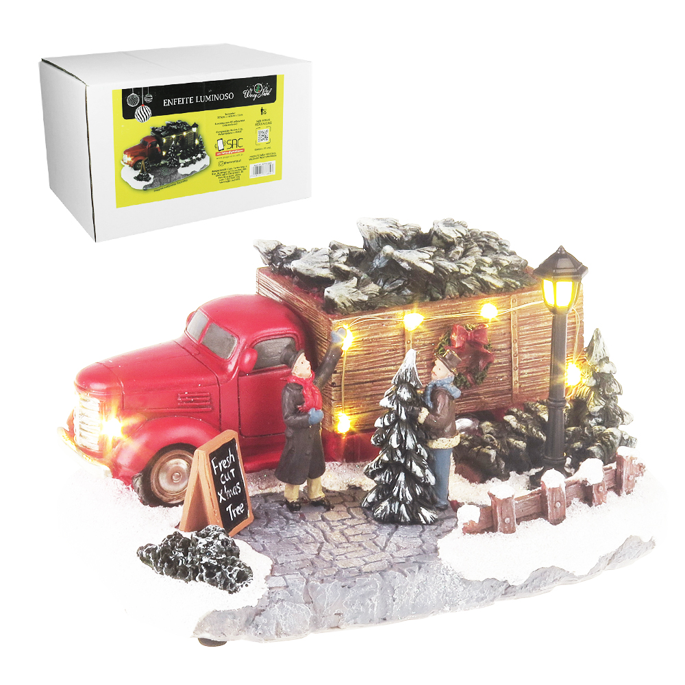 ENFEITE LUMINOSO CAMINHAO COM ARVORES + 2 BONECOS + 9 LEDS E SOM A PILHA 20,5X14,5X11CM 