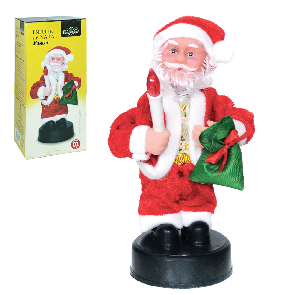 PAPAI NOEL MUSICAL COM MOVIMENTO + VELA E LUZ A PILHA 20CM