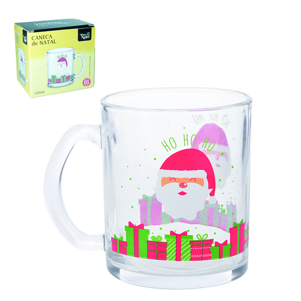 CANECA XICARA DE NATAL DE VIDRO 320ML 