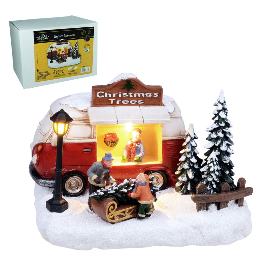 ENFEITE LUMINOSO CARRO KOMBI COM ARVORES + 3 BONECOS + 2 LEDS E SOM A PILHA 20X14X13CM