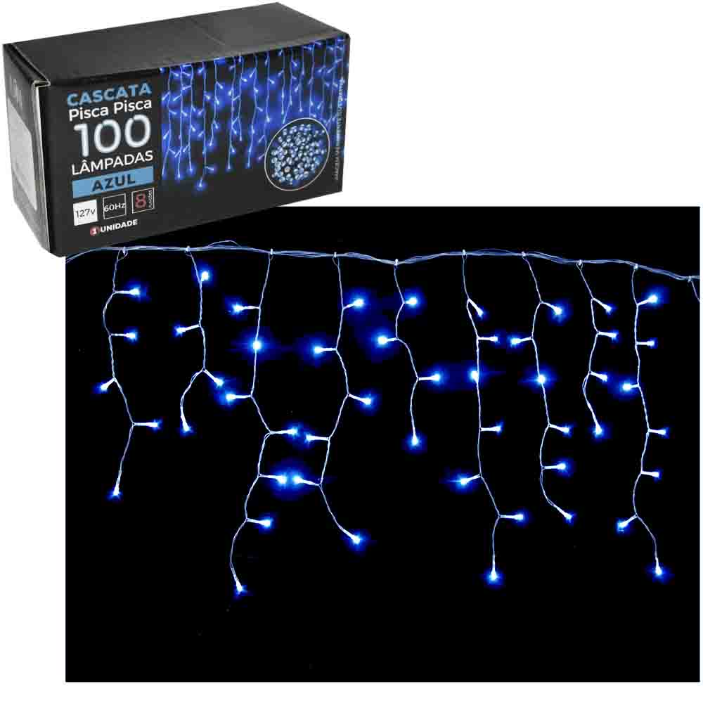 CASCATA 100 LEDS AZUL 127V 1,9M 8 FUNCOES