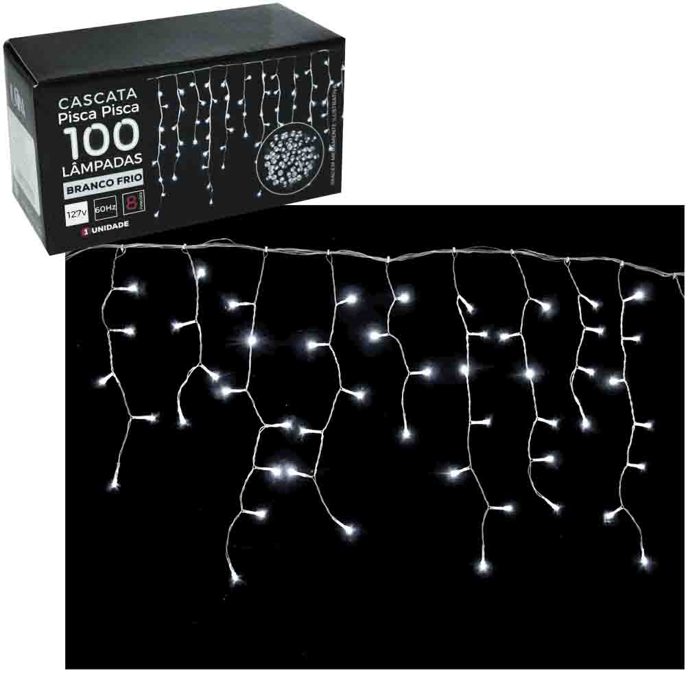 CASCATA 100 LEDS BRANCO FRIO 127V 1,9M 8 FUNCOES