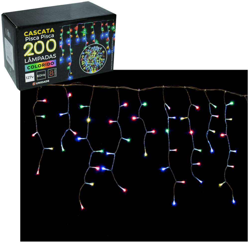 CASCATA 200 LEDS COLORS 127V 3,8M 8 FUNCOES