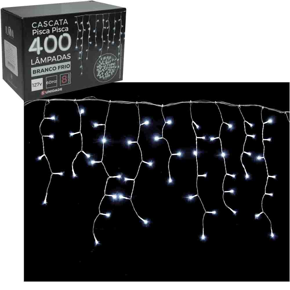 CASCATA 400 LEDS BRANCO FRIO 127V 9,5M 8 FUNCOES