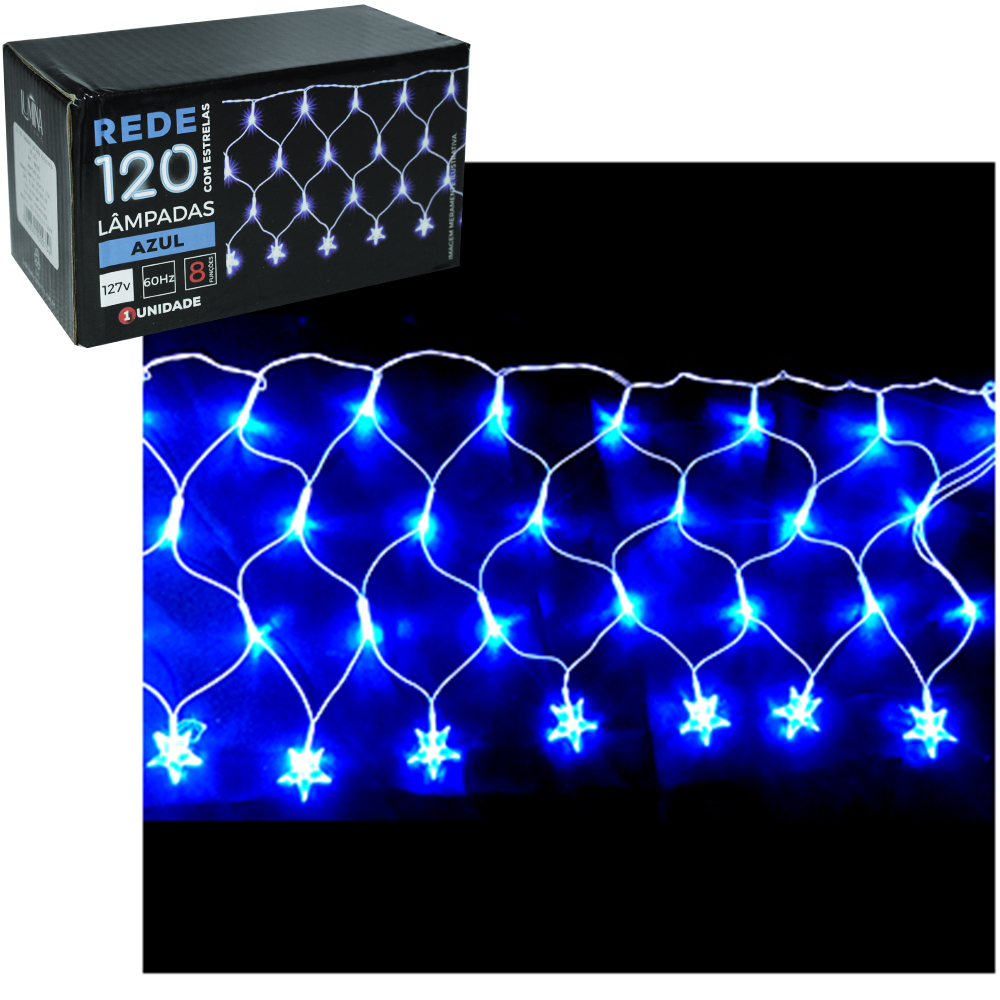 REDE 120 LEDS ESTRELA / LAMPADA AZUL 127V 30CMX3M 8 FUNCOES