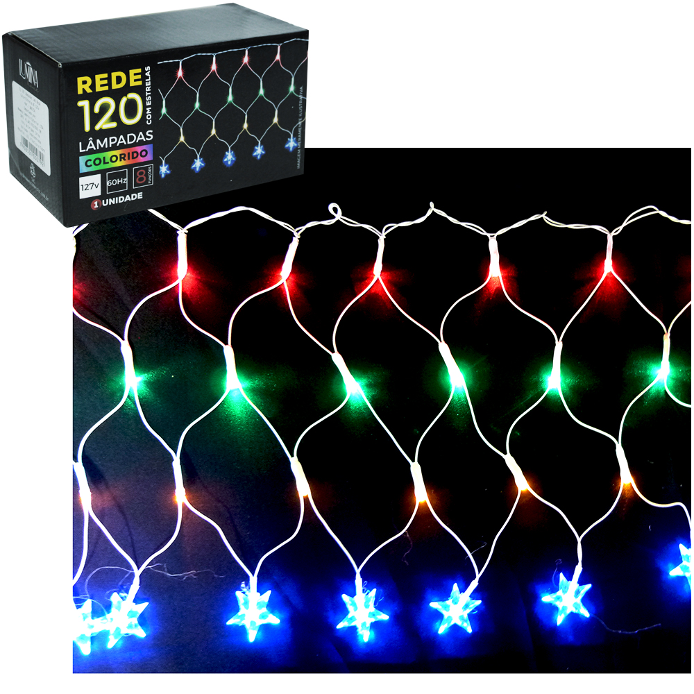 REDE 120 LEDS ESTRELA / LAMPADA COLORS 127V 30CMX3M 8 FUNCOES