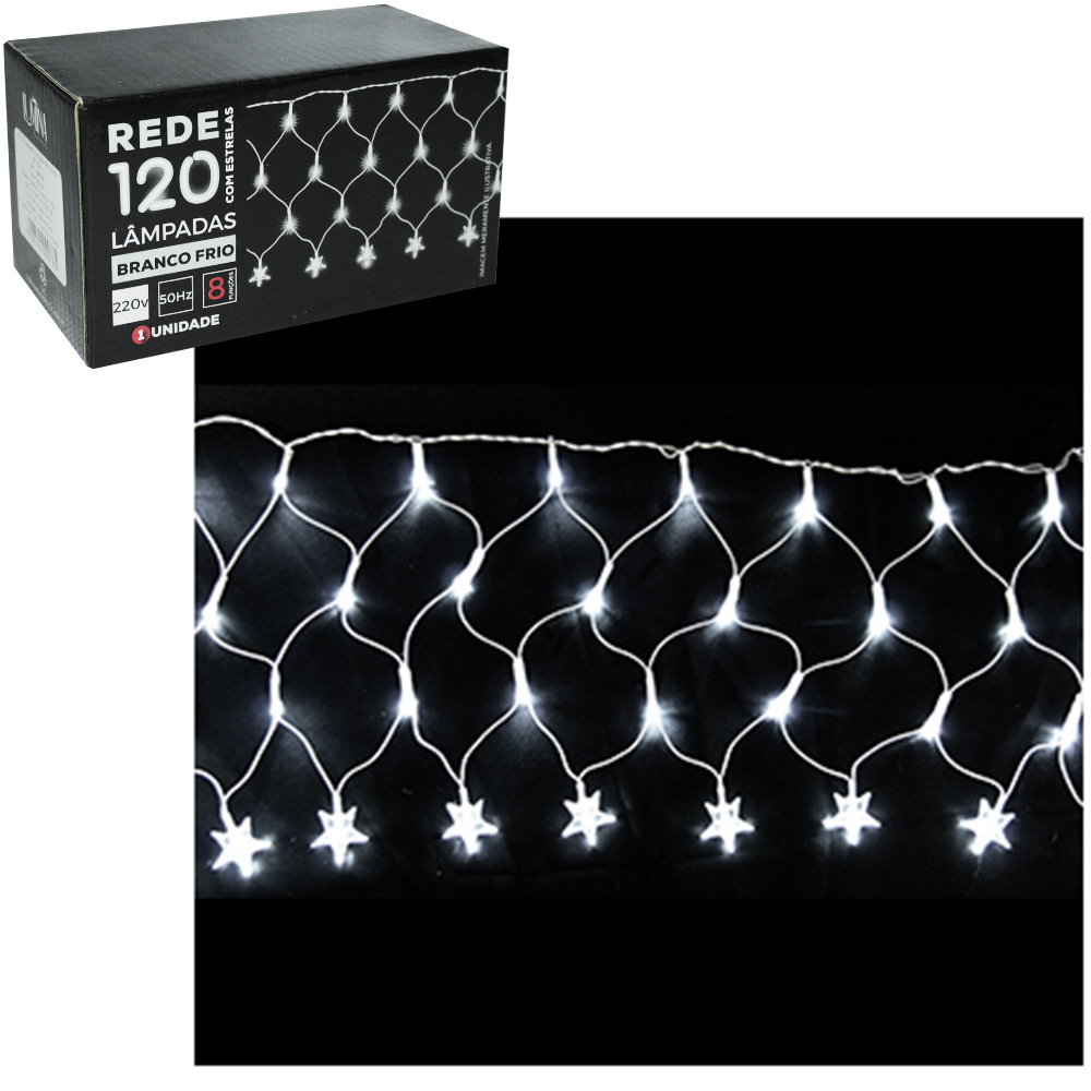 REDE 120 LEDS ESTRELA / LAMPADA BRANCO FRIO 220V 30CMX3M 8 FUNCOES