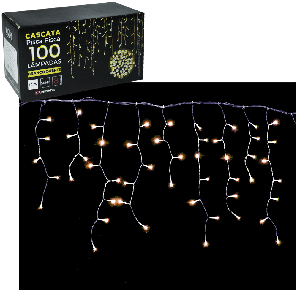 CASCATA 100 LEDS BRANCO QUENTE 127V 1,9M 8 FUNCOES