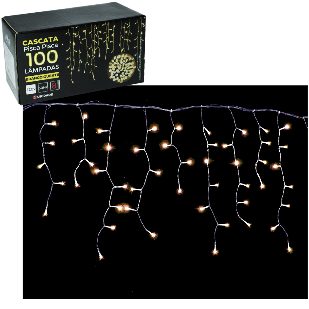 CASCATA 100 LEDS BRANCO QUENTE 220V 1,9M 8 FUNCOES