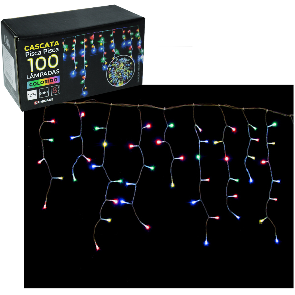 CASCATA 100 LEDS COLORS 127V 1,9M 8 FUNCOES