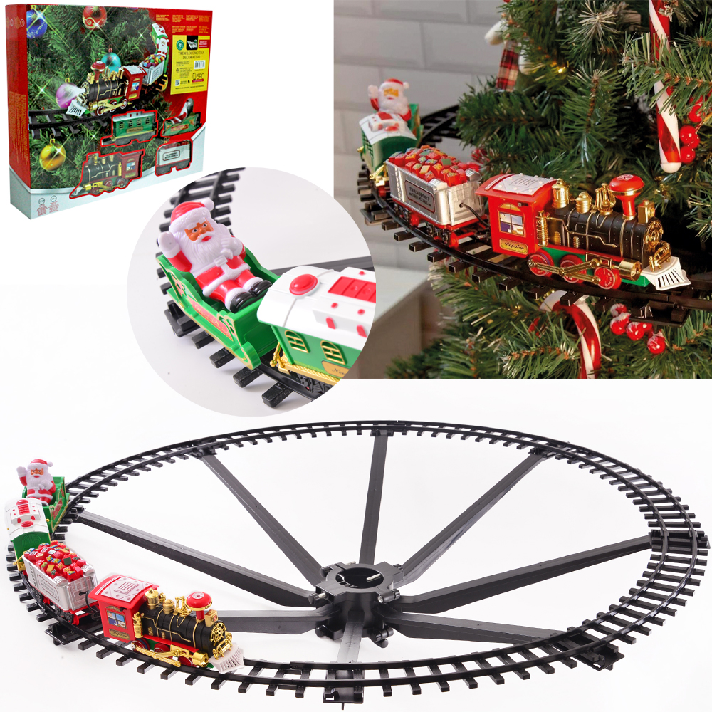 TREM LOCOMOTIVA COM TRILHO NATAL DECORATIVO COM LED / SOM E SUPORTE FIXACAO ARVORE