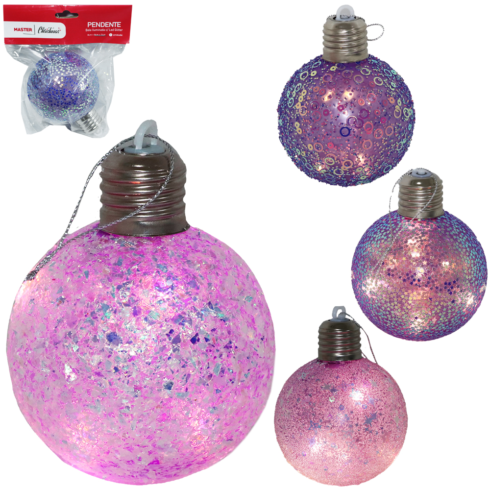 BOLA DE NATAL LAMPADA ILUMINADA COM LED E GLITER / ESTRELAS ROXA 11X8CM DE Ø