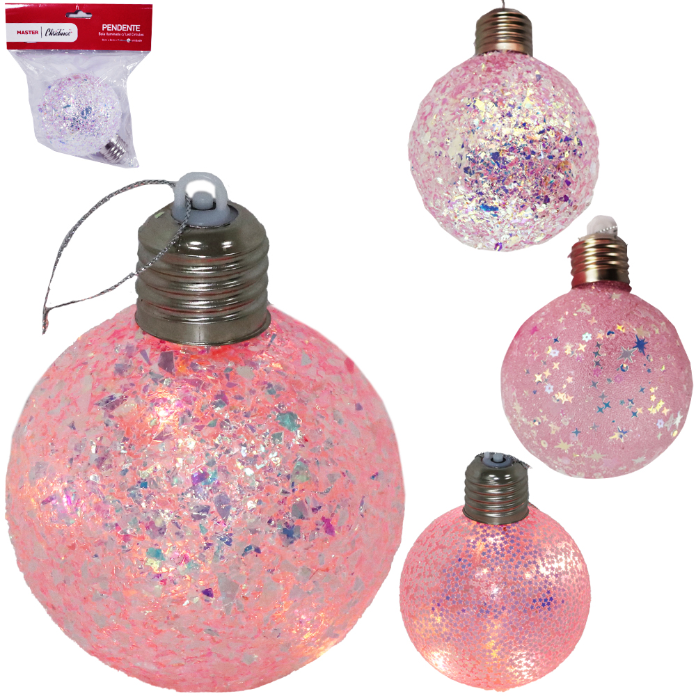 BOLA DE NATAL LAMPADA ILUMINADA COM LED E GLITER / ESTRELAS ROSA 11X8CM DE Ø