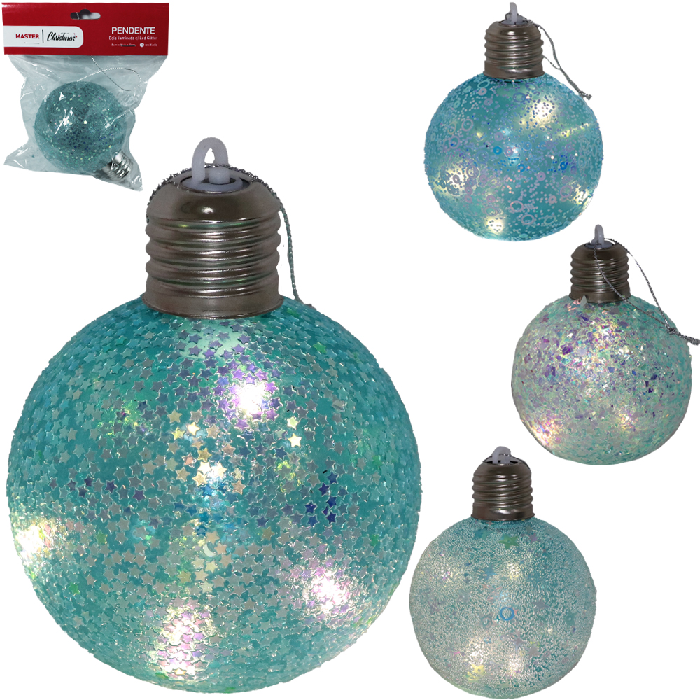 BOLA DE NATAL LAMPADA ILUMINADA COM LED E GLITER / ESTRELAS AZUL 11X8CM DE Ø