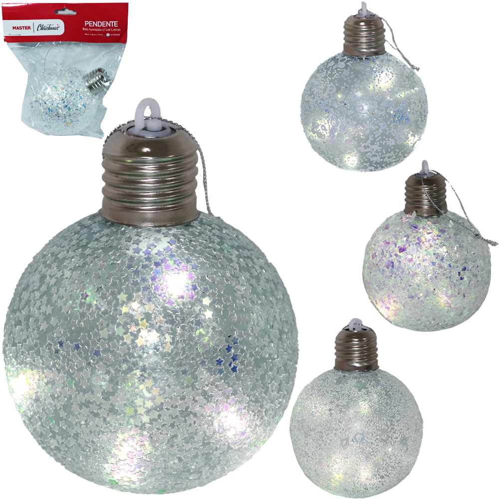 BOLA DE NATAL LAMPADA ILUMINADA COM LED E GLITER / ESTRELAS BRANCA 11X8CM DE Ø