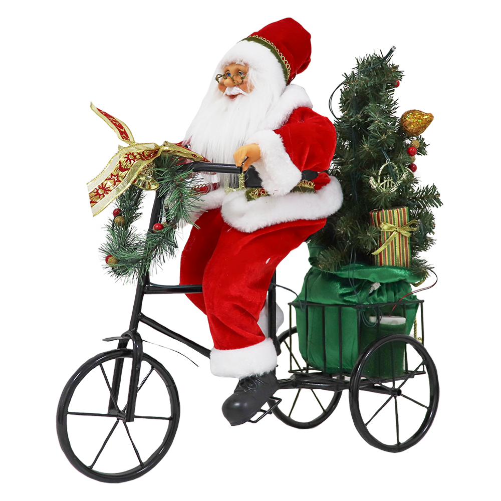 ENFEITE PAPAI NOEL TRICICLO DE METAL COM ARVORE DE NATAL + SACO NO BAGAGEIRO LED A PILHA 50X28X50CM