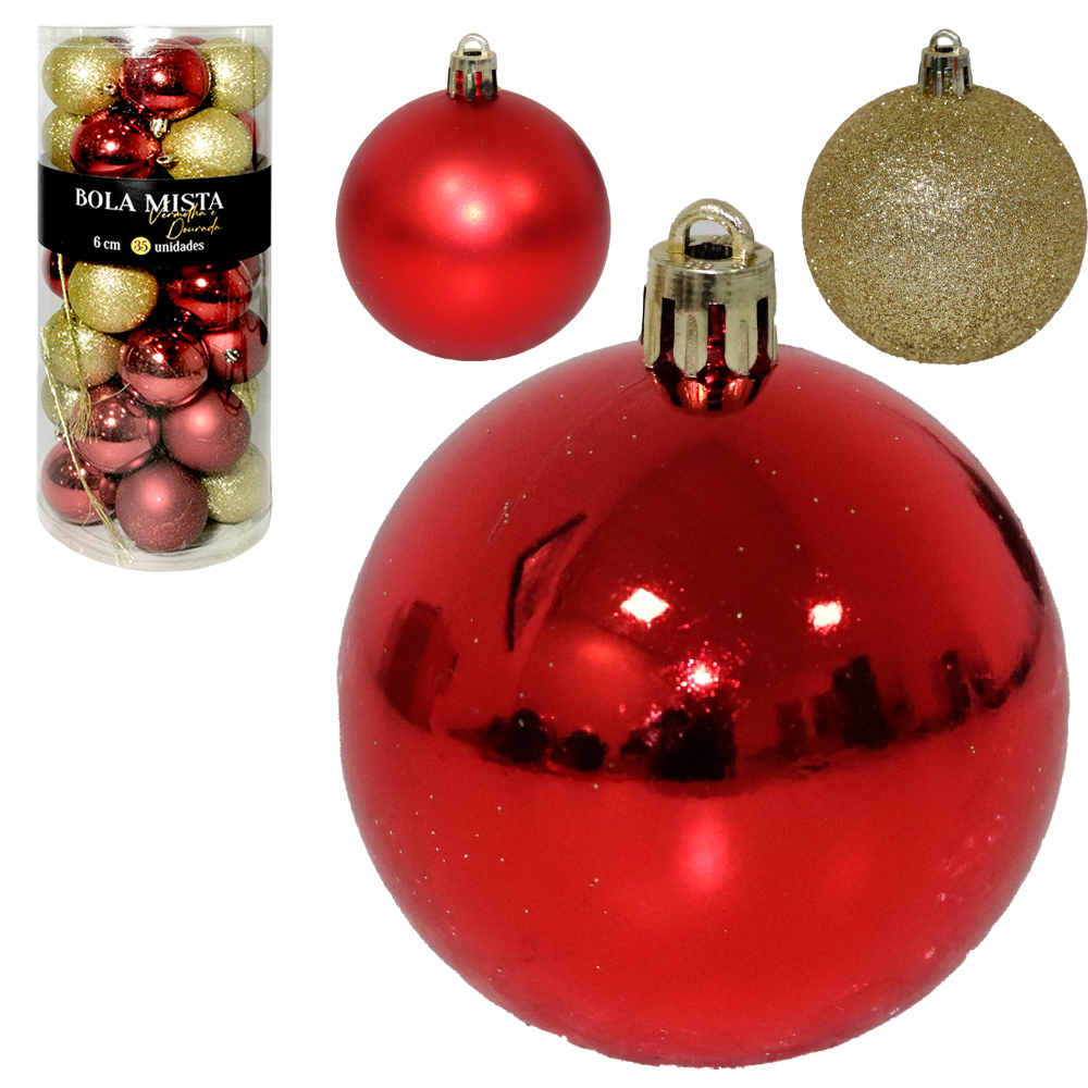 BOLA DE NATAL MISTA LISA / FOSCA / GLITTER DECORADA DOURADA E VERMELHA COM 35 PECAS 6CM DE Ø