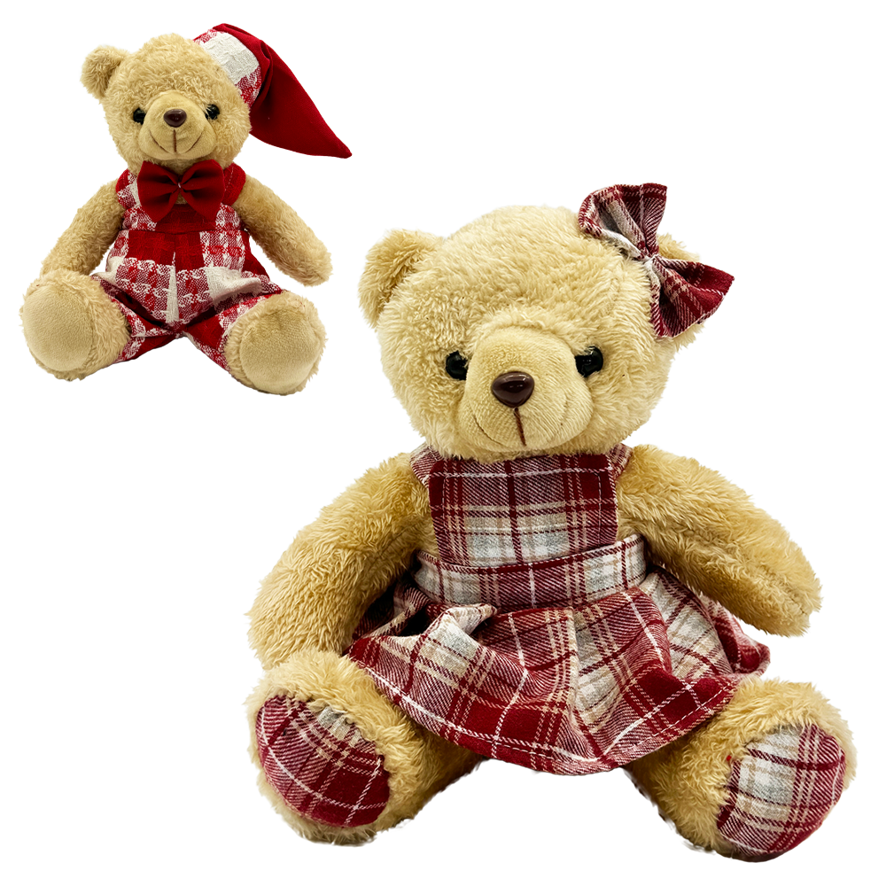 ENFEITE URSO DE PELUCIA XADREZ VERMELHO 20CM