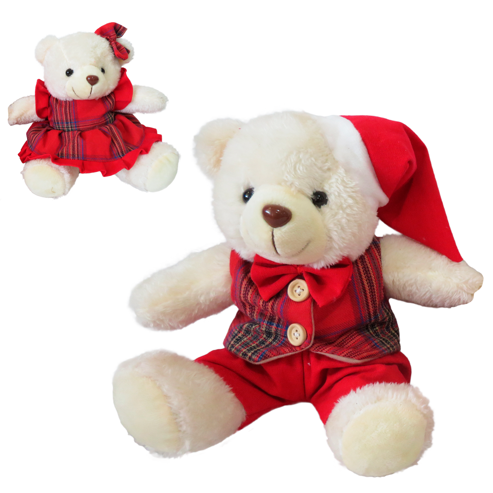 ENFEITE URSO DE PELUCIA XADREZ VERMELHO 20CM