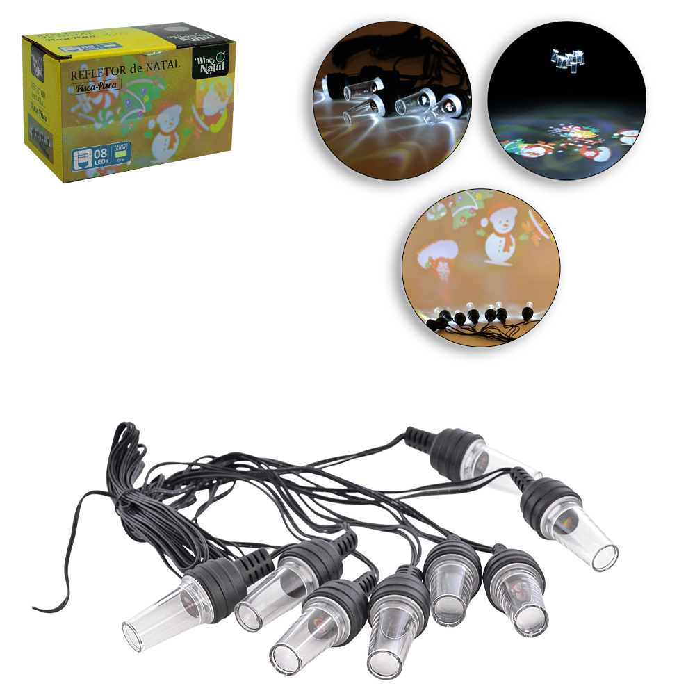 REFLETOR PISCA PISCA DE NATAL COM 8 LEDS BRANCO QUENTE FIGURAS NATALINAS BIVOLT