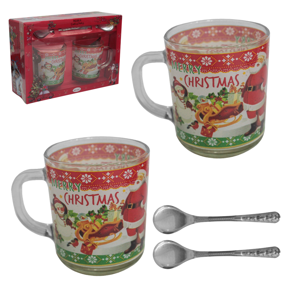  JOGO DE CANECA XICARA DE NATAL DE VIDRO PARA CAFE / CAPPUCCINO + COLHER COM 4 PECAS 250ML NA CAIXA