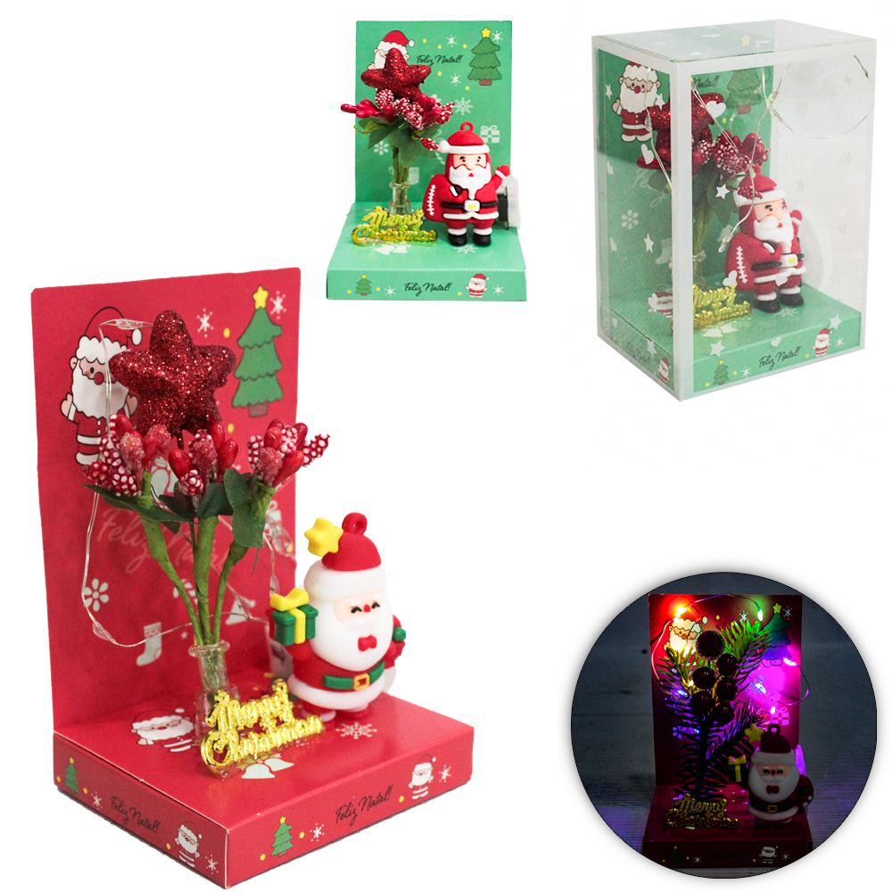 ENFEITE PAPAI NOEL E AZEVINHOS + MICRO LED A BATERIA DP PLAY
