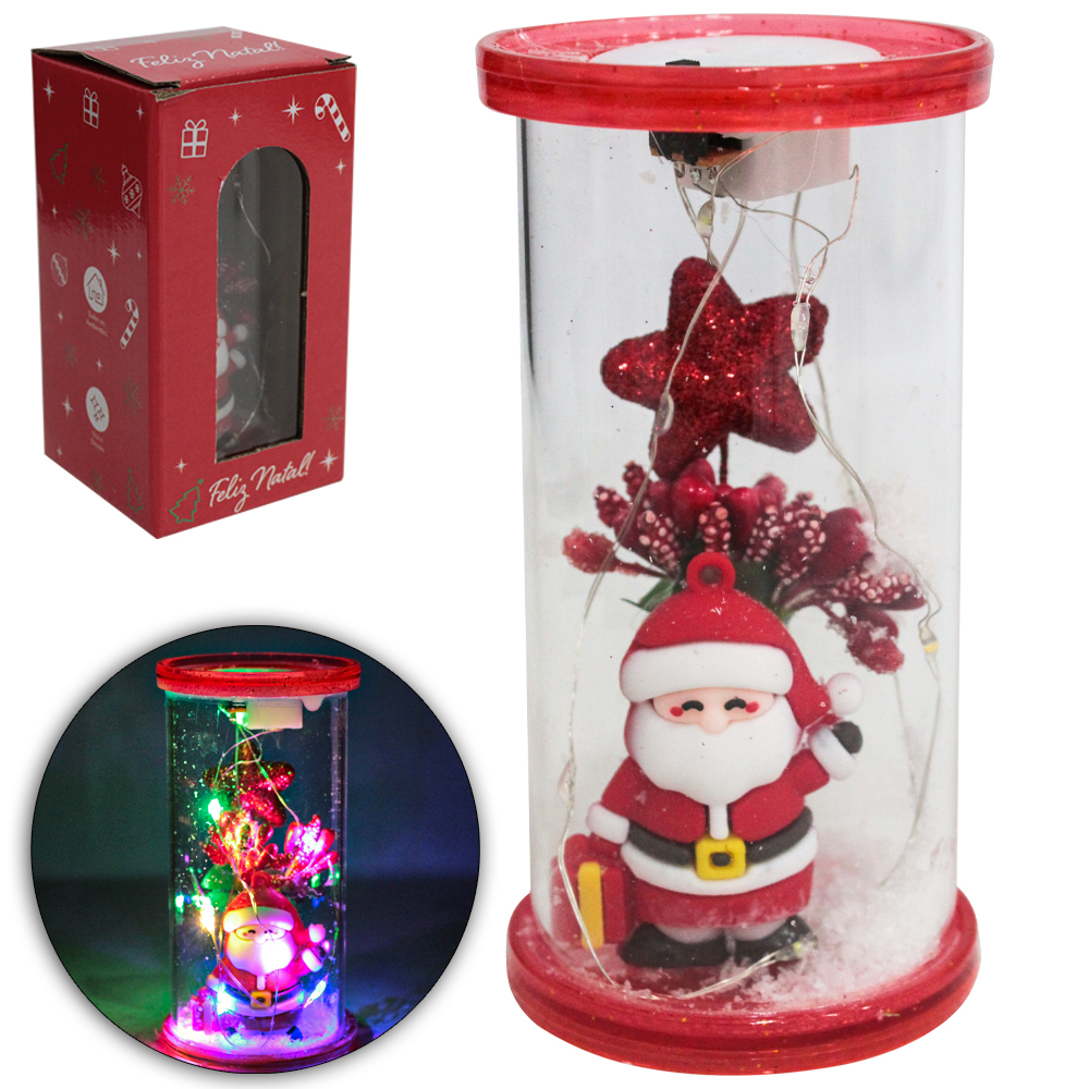 ENFEITE CUPULA DE VIDRO COM PAPAI NOEL + ESTRELA E MICRO LED A BATERIA 12X6CM DE Ø