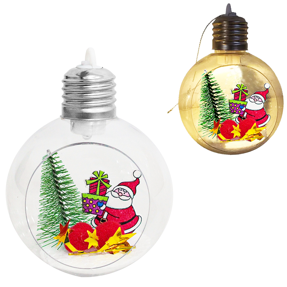 ENFEITE PENDURAR BOLA DE PLASTICO COM PAPAI NOEL + ARVORE DE NATAL E LED A BATERIA