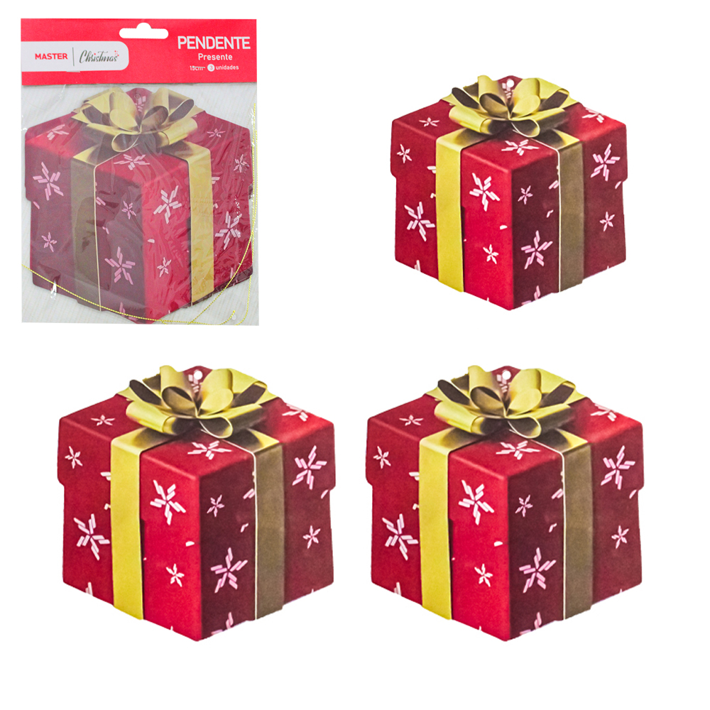 PENDENTE CAIXA CUBO PRESENTE COM 3 PECAS 15CM