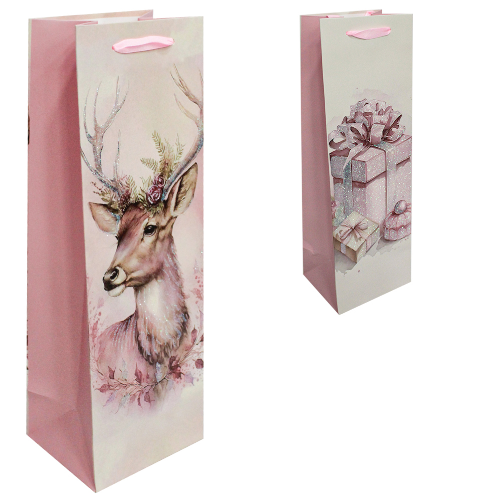 SACOLA DE PAPEL PARA GARRAFA DE VINHO CANDY COM GLITTER 36X12X10CM 