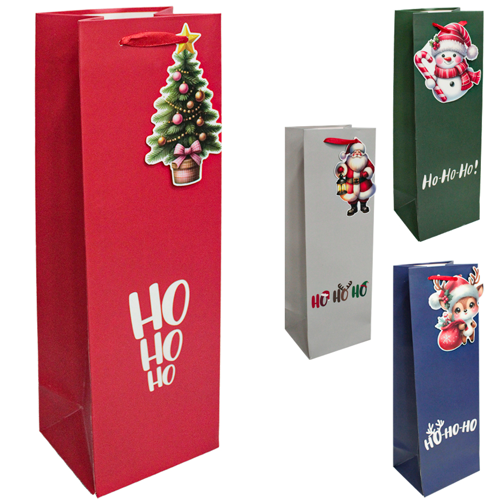 SACOLA DE PAPEL PARA GARRAFA DE VINHO HO HO HO 36X12X10CM