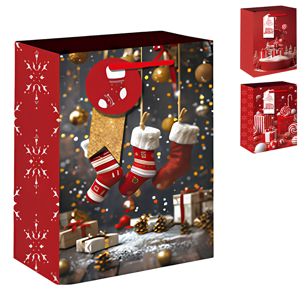 SACOLA DE PAPEL FIGURAS NATALINAS 40X30X12CM