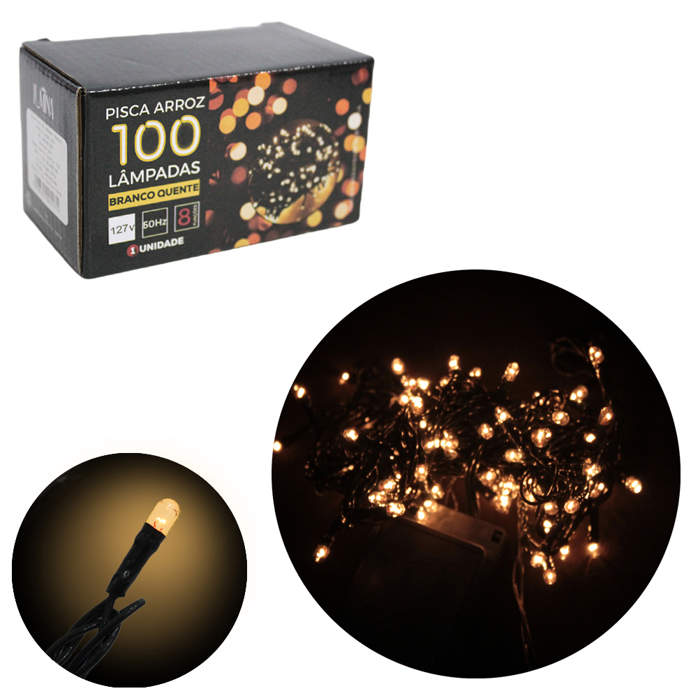 PISCA ARROZ 100 LEDS BRANCO QUENTE 127V 60HZ 8 FUNCOES 3,5M FIO VERDE