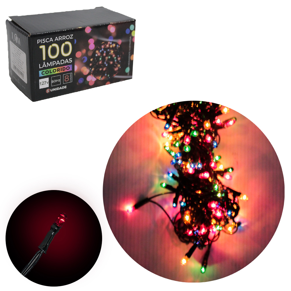 PISCA ARROZ 100 LEDS COLORS 127V 60HZ 8 FUNCOES 3,5M FIO VERDE