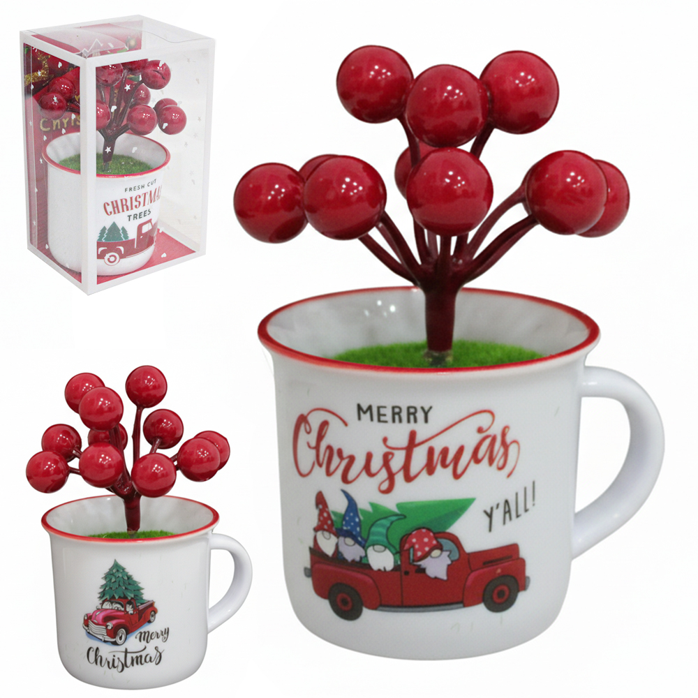 ENFEITE CANECA DE PLASTICO COM CEREJEIRA 10X7CM