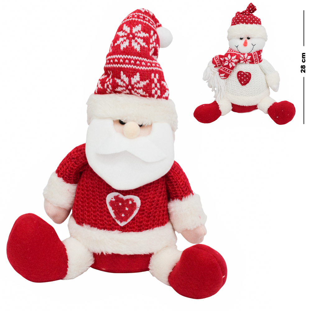 PAPAI NOEL / BONECO DE NEVE DE PELUCIA SENTADO VERMELHO / BRANCO 28CM