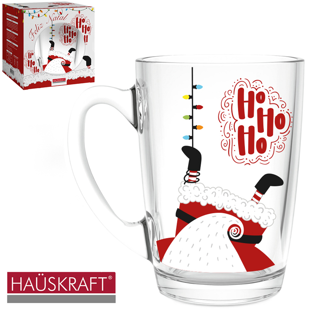 CANECA XICARA DE NATAL DE VIDRO HO HO HO HAUSKRAFT 350ML
