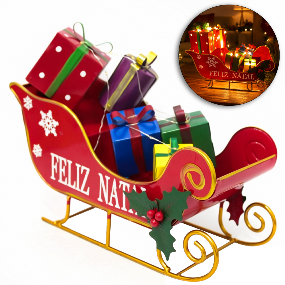 ENFEITE LUMINOSO TRENO DE METAL FELIZ NATAL COM CAIXA DE PRESENTE + 20 MICRO LED BRANCO QUENTE A PILHA