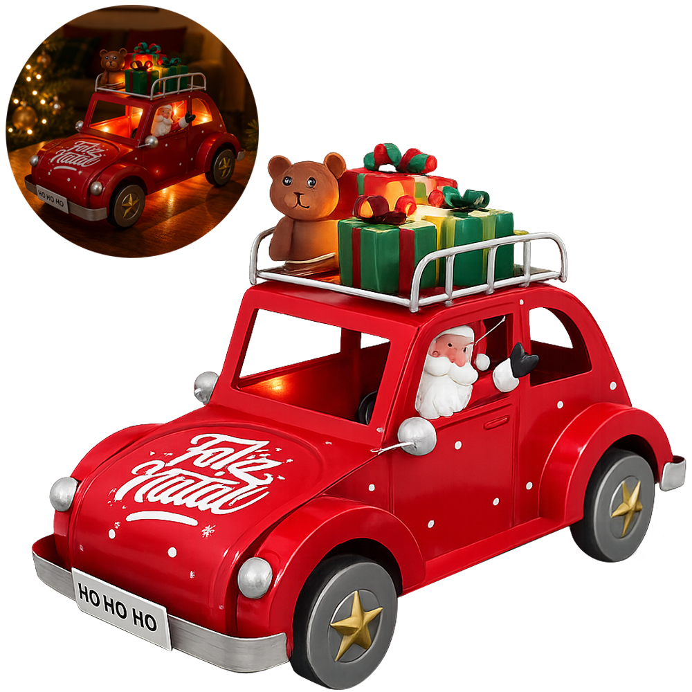 ENFEITE LUMINOSO CARRO FUSCA DE METAL FELIZ NATAL COM CAIXA PRESENTE + 20 MICRO LED BRANCO QUENTE PILHA
