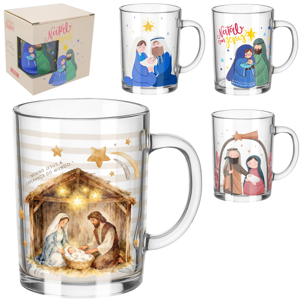 CANECA XICARA DE NATAL DE VIDRO 320ML
