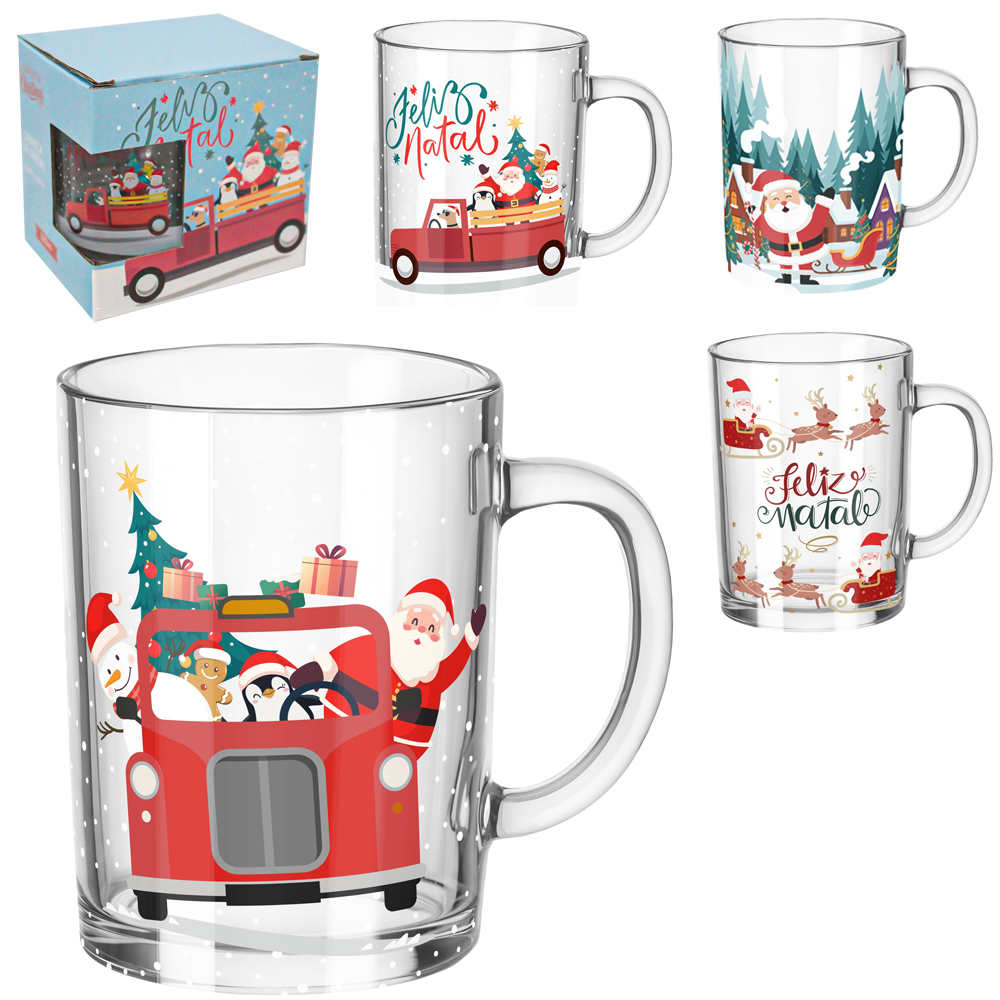 CANECA XICARA DE NATAL DE VIDRO 320ML