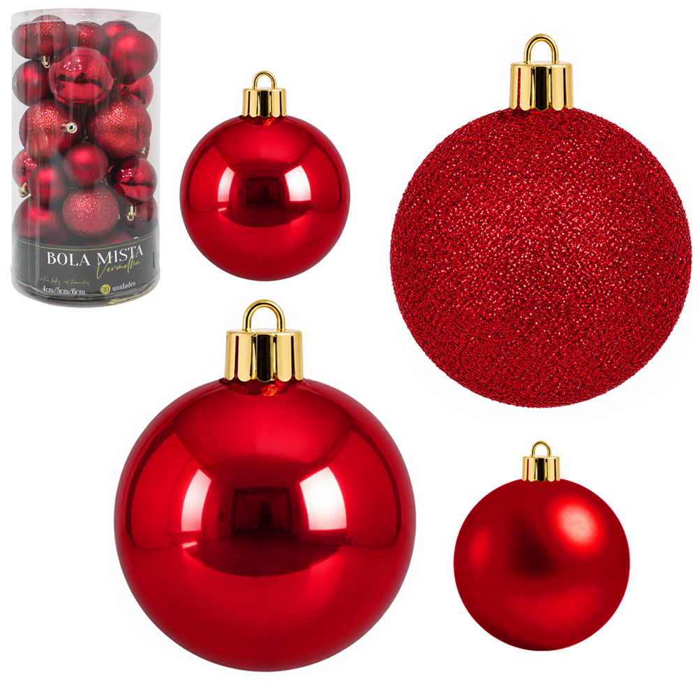BOLA DE NATAL 4 / 5 / 6CMØ VERMELHA MISTA FOSCA / LISA / GLITTER COM 30 PECAS NO TUBO