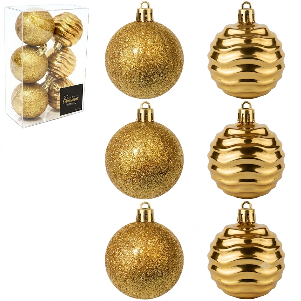 BOLA DE NATAL 6CM DE Ø DOURADA GLITTER / ONDULADA PREMIUM CAIXA COM 6 PECAS